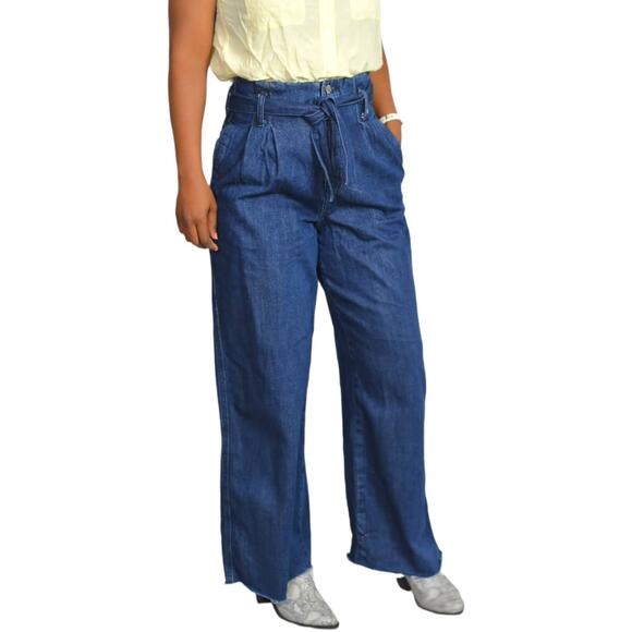 Zara Trouser Jeans Paperbag Waist Belted High Rise Pleated Wide Leg Flare Size 2 - Picture 13 of 15